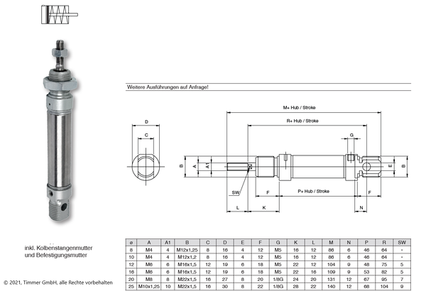 Pneumatikzylinder ISO 6432 Einfachwirkend Kolbendurchmesser 16 mm Hub 10 - 50 mm