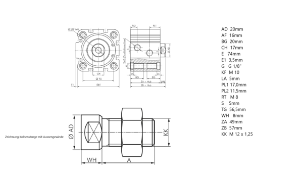 ISO 21287 Pneumatikzylinder, einfachwirkend, Kolben 63mm Hub 5 - 25mm
