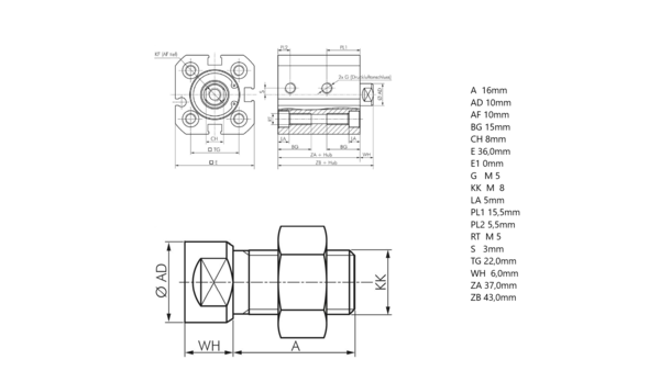 ISO 21287 Pneumatikzylinder, doppeltwirkend, Kolben 20mm, Hub 5 - 150 mm