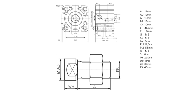 ISO 21287 Pneumatikzylinder, doppeltwirkend, Kolben 25mm, Hub 5 - 150 mm