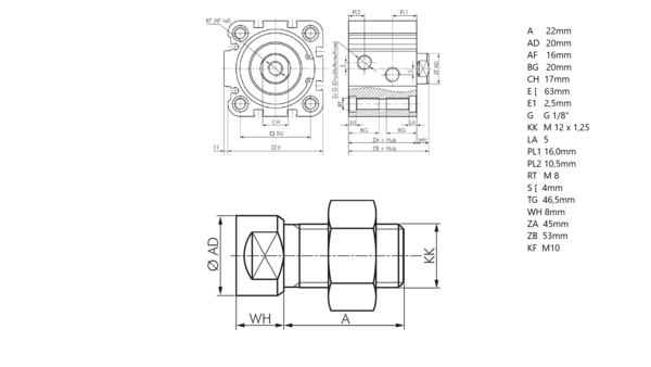 ISO 21287 Pneumatikzylinder, doppeltwirkend, Kolben 50mm, Hub 5 - 200 mm