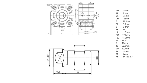 ISO 21287 Pneumatikzylinder, doppeltwirkend, Kolben 80mm, Hub 10 - 200 mm